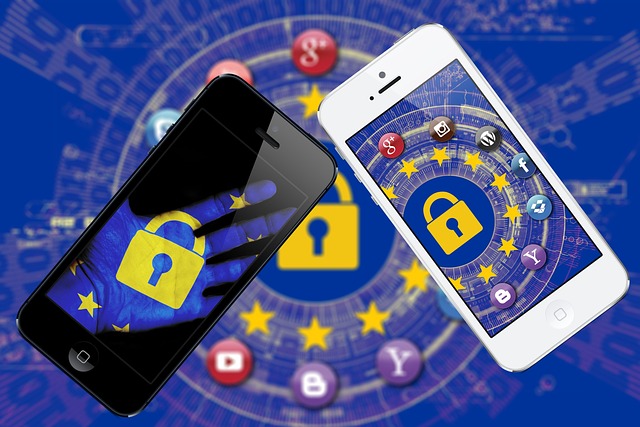 Symbolbild: auf blauem Hintergrund mit gelben EU-Sternen sind 2 Smartphones abgebildet, die die bekanntesten Apps zeigen und Vorhängeschloss-Grafiken als Symbole für Datenschutz