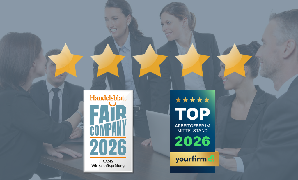 2 Siegel und darüber 5 goldene Sterne vor einem Hintergrund mit Geschäftsleuten